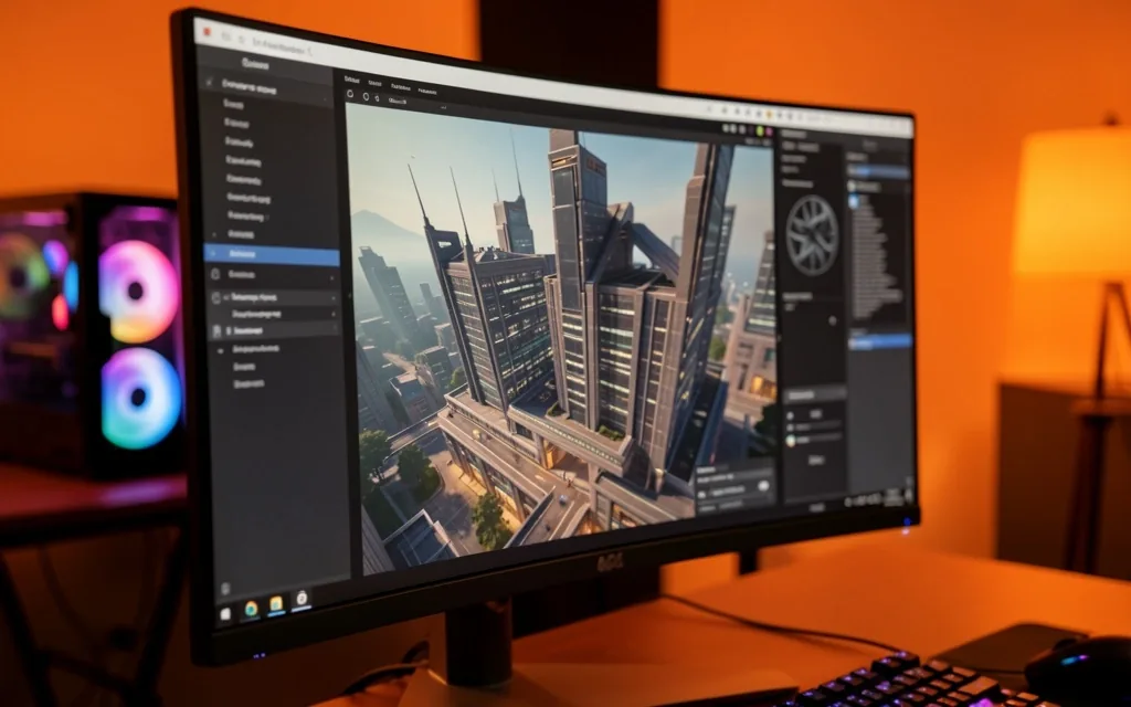 Estación de trabajo con software de modelado 3D y renderizado en tiempo real