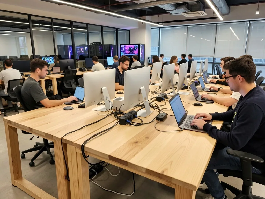 Área de coworking digital con mesas amplias
