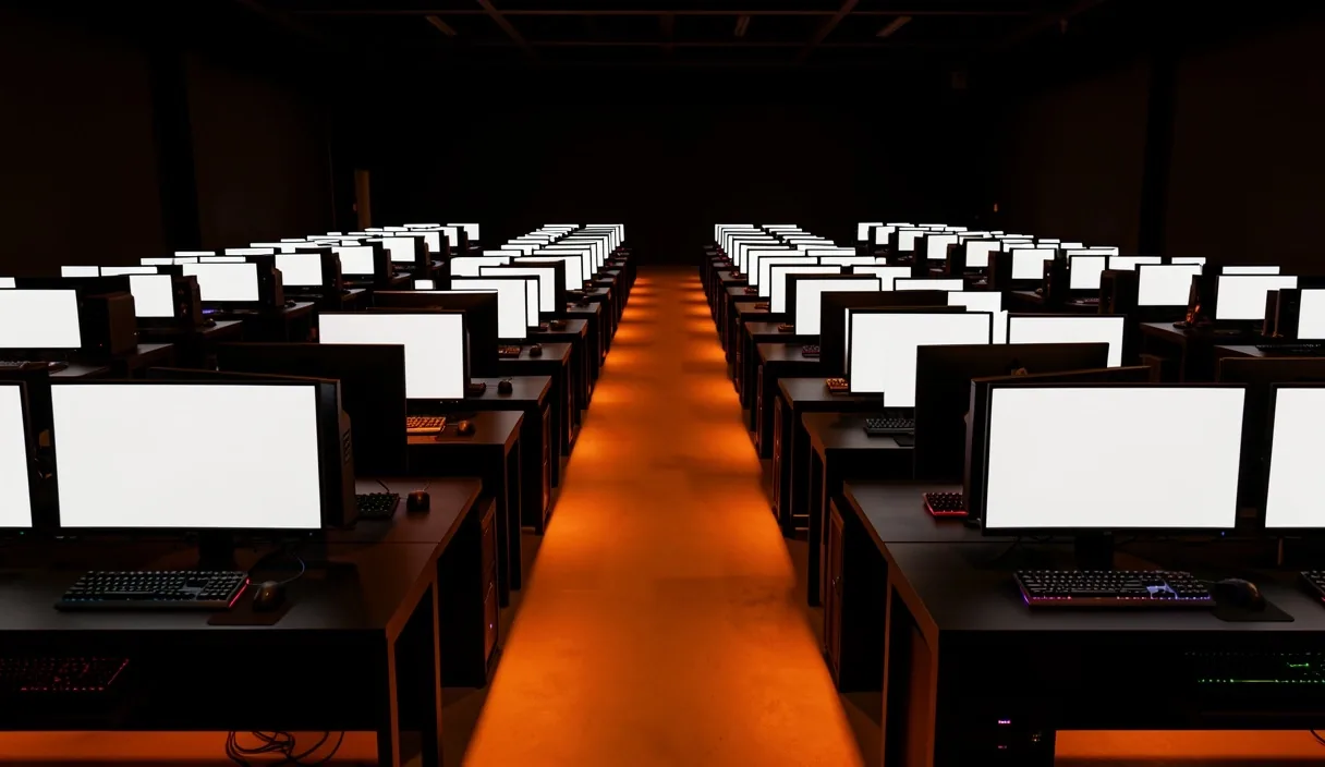 Sala de competencia con estaciones de trabajo idénticas dispuestas en filas