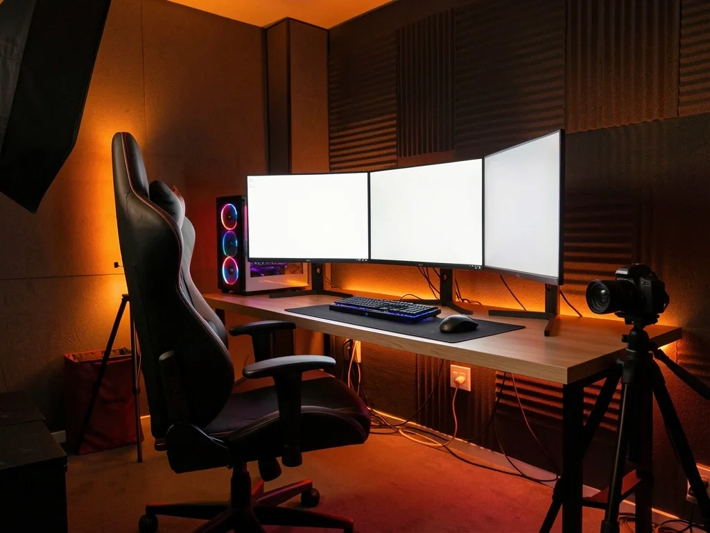 Cabina de streaming con iluminación controlada para creadores de contenido en Bogotá